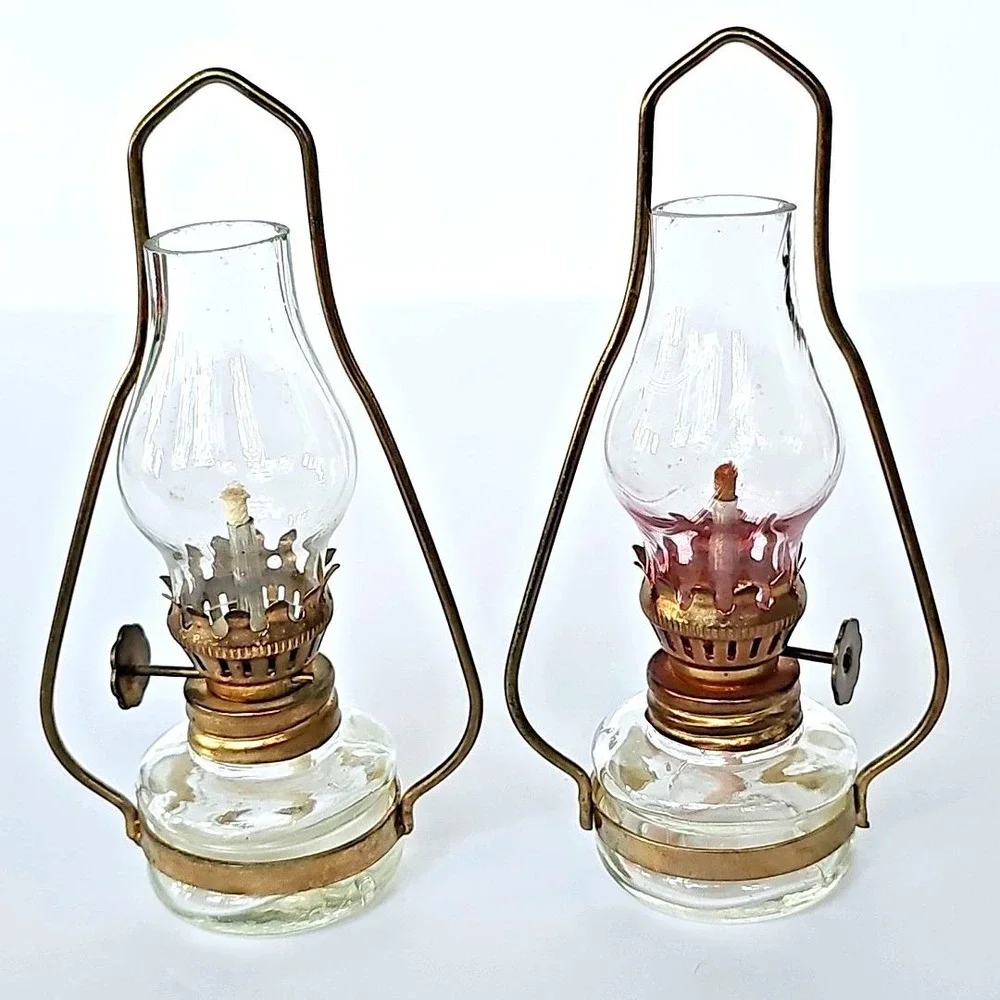 Set Of 2 Vintage Miniature Oil Hurricane Lamps Kerosene Decorative Brass 1745